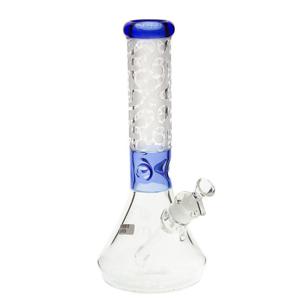 Clear borosilicate beaker bong with blue accents, frosted cell design, and a diffused downstem.