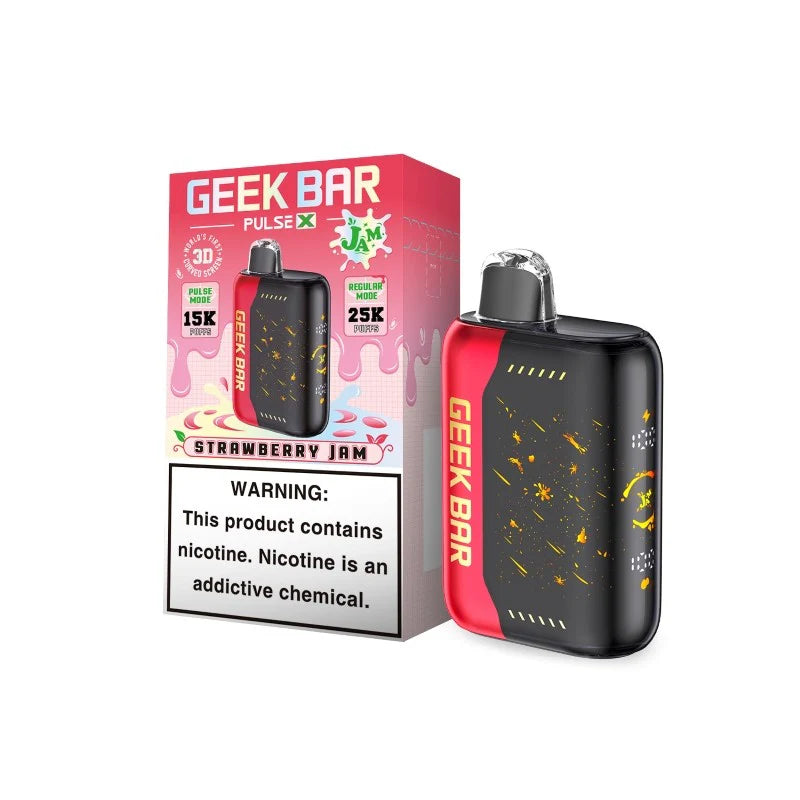 Red and black Geek Bar Pulse X Jam Edition disposable vape with "Strawberry Jam" flavor, next to its packaging.