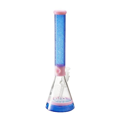 15" Big Mom Religion Engraved Beaker Bong, 3D laser etched borosilicate glass with blue and pink accents.
