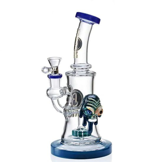 Lookah Big Mom 9.5" clear glass bong with blue accents and a colorful evil eye melting head design.