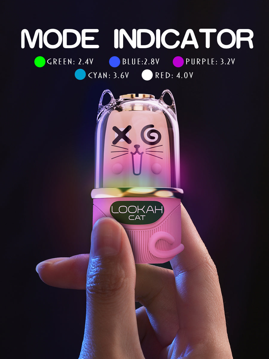 Pink Lookah Cat 510 thread vape battery with clear glass top, variable voltage LED, and silicone tail.