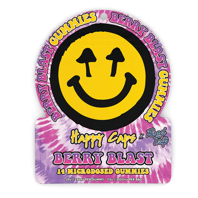 Happy Caps x Road Trip Berry Blast microdosed gummies in a tie-dye pouch with a smiley face logo.