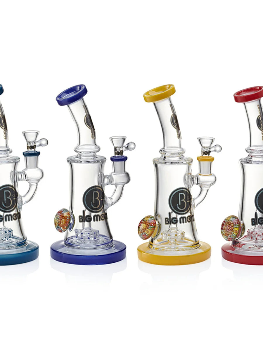 Four Lookah Big Mom 9.5" dab rigs with bent necks, 12-slit percolators, and colorful accents.