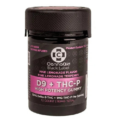 CannaAid Black Label Delta 9 + THCP High Potency Gummies 110mg 10ct Bottle-CannaAid-Pink Lemonade-NYC Glass