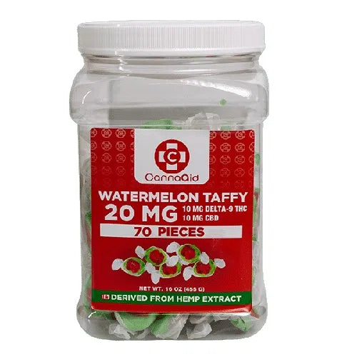 CannaAid Delta 9 + CBD Salt Water Watermelon Taffy 1400mg 70ct Jar-CannaAid-NYC Glass