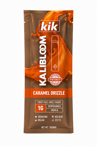 Kalibloom KIK THCP Full Melt Hash Disposable Vape 1G Caramel Drizzle, brown pouch with orange splash design.