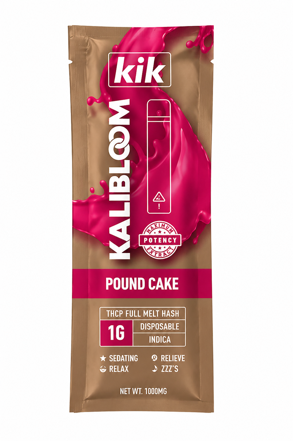 Kalibloom KIK THCP Full Melt Hash Disposable Vape 1G in Pound Cake flavor, brown and pink packaging.