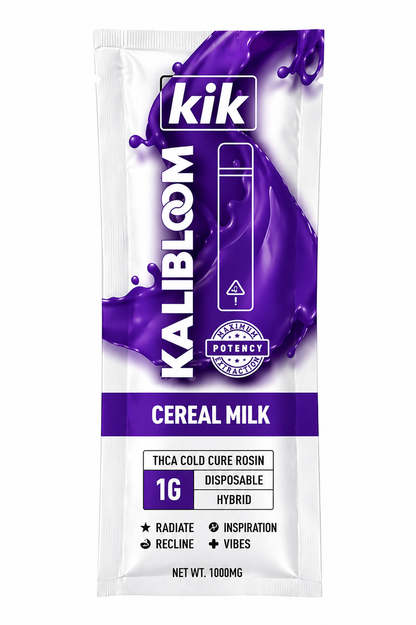 Kalibloom KIK THCA Cold Cure Rosin 1G disposable vape in Cereal Milk flavor, with purple splash design.