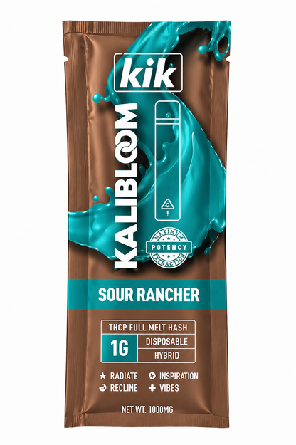 Kalibloom KIK THCP Full Melt Hash Disposable Vape 1G in "Sour Rancher" flavor, brown and teal packaging.