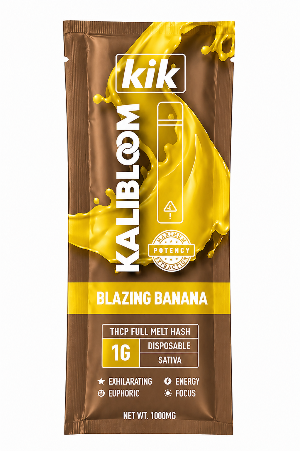 Kalibloom KIK THCP Full Melt Hash Disposable Vape, Blazing Banana, 1G, in brown and yellow packaging.