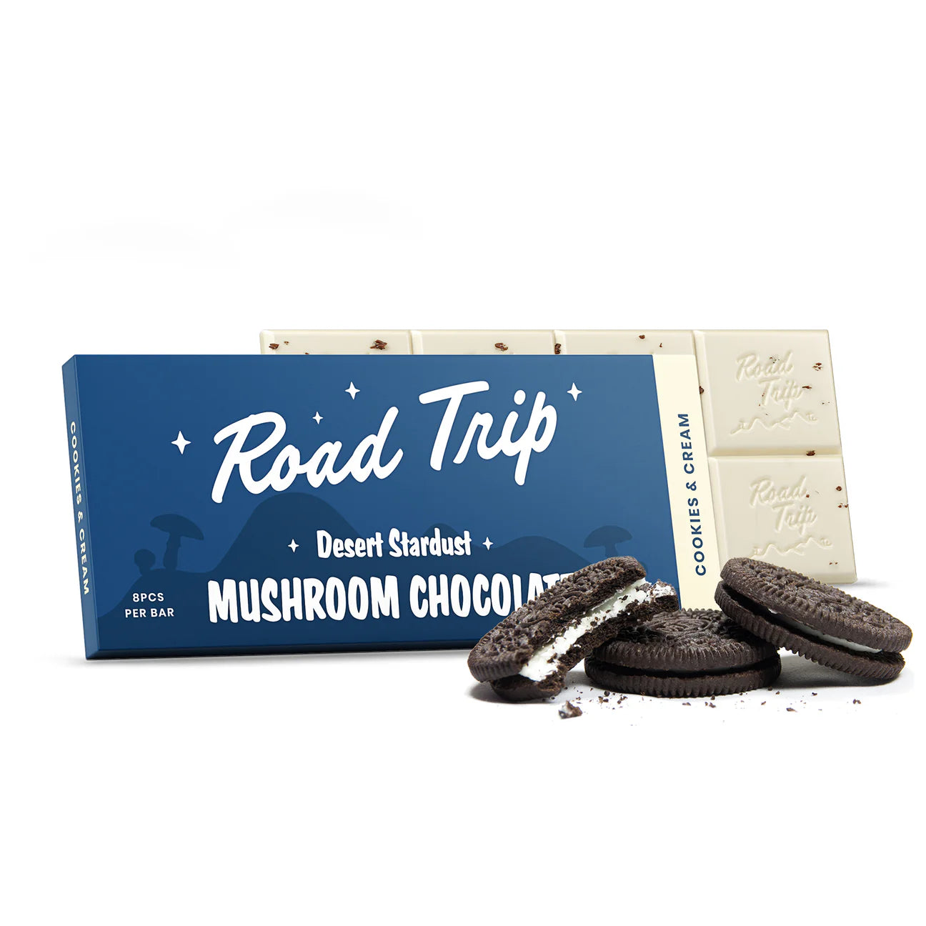 Road Trip Desert Stardust Cookies & Cream mushroom chocolate bar with white chocolate and broken sandwich cookies.