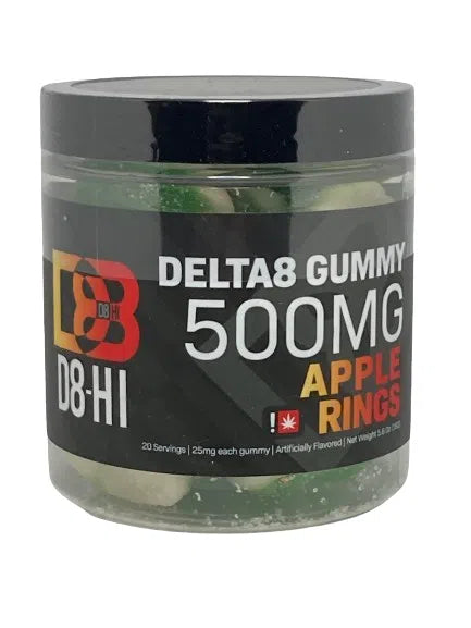 D8-HI Delta 8 Gummies 500mg 20ct Jar-THC Edibles-D8-HI-Apple Rings-NYC Glass