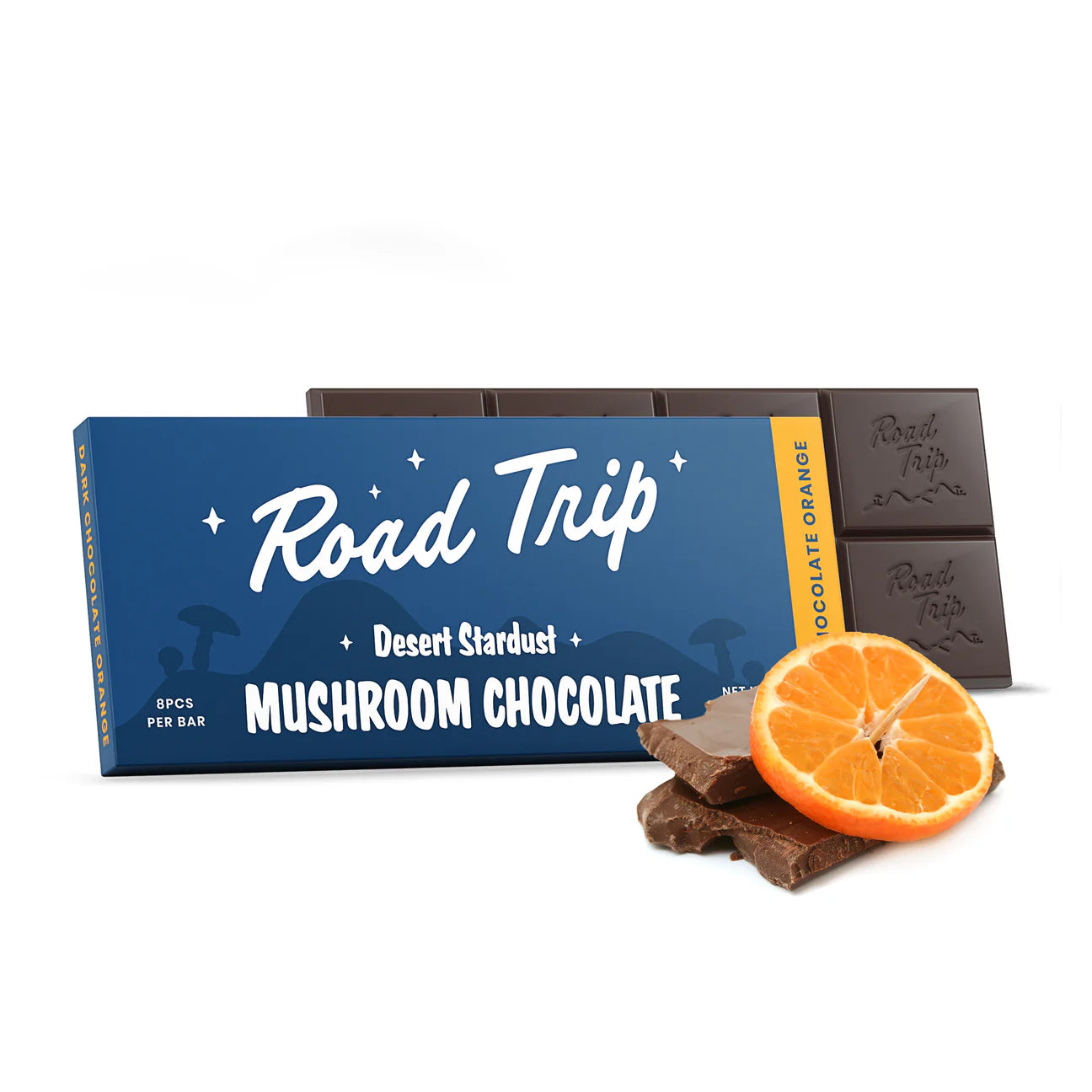 Road Trip Desert Stardust mushroom chocolate bar in blue packaging with dark chocolate pieces and an orange slice.