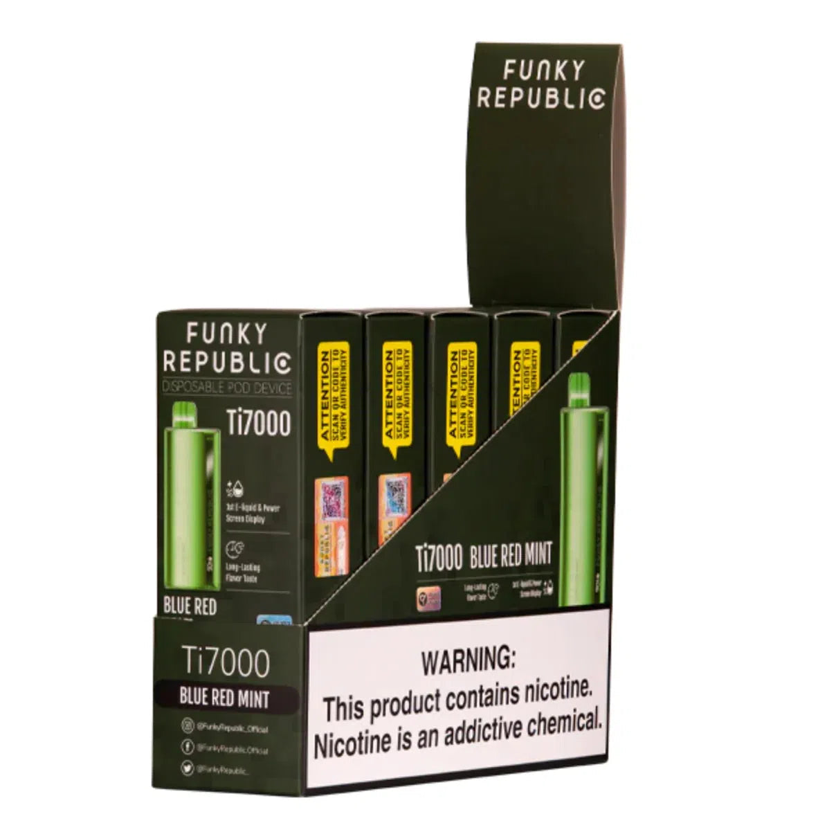 Funky Republic TI7000 7,000 Puff Rechargeable Nicotine Disposable 5pk-Funky Republic-Blue Red Mint-NYC Glass