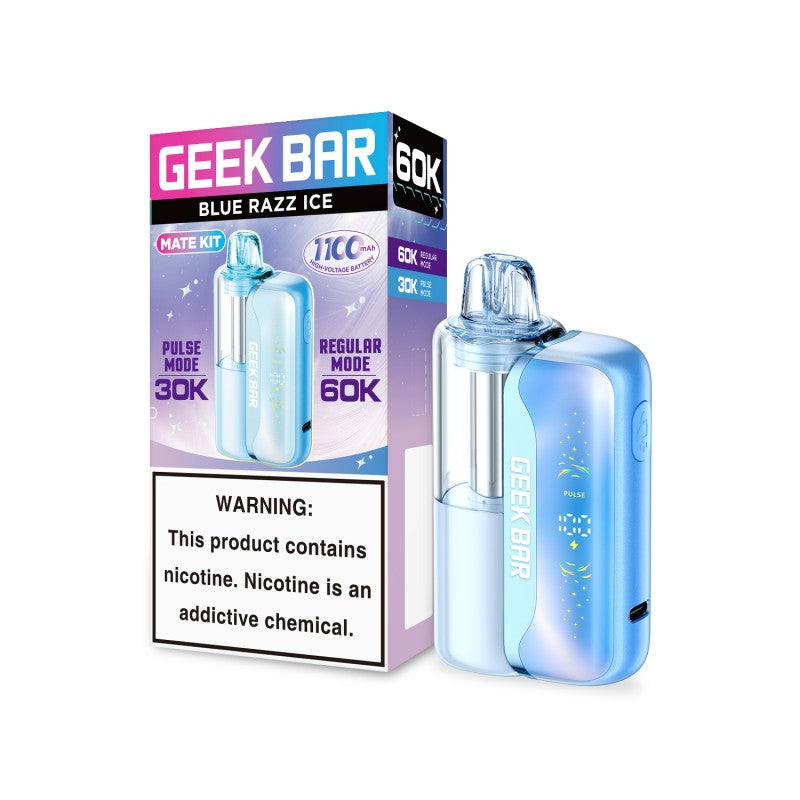Blue Razz Ice Geek Bar Mate 60K disposable vape kit with transparent pod and light blue base, next to its packaging.