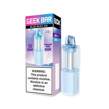 Geek Bar Mate 60K Blue Razz Ice refill pod, light blue transparent design with visible internal components.