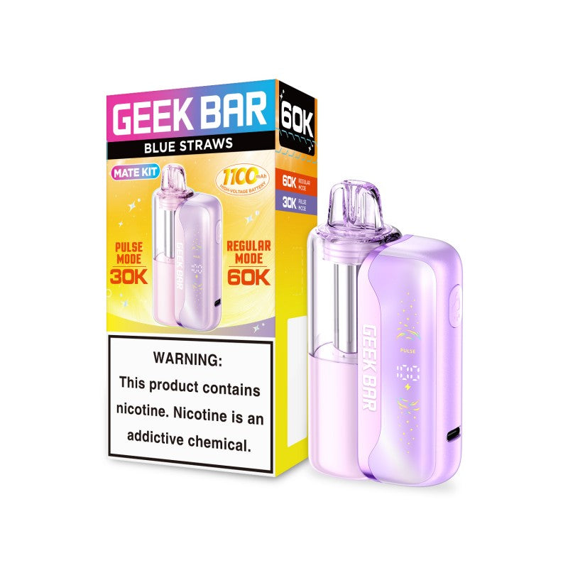 Geek Bar Mate 60K Puffs Disposable Vape Kit in blue straws, featuring a lavender device with a clear pod.