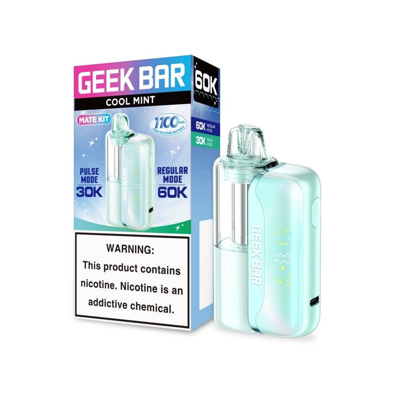 Cool Mint Geek Bar Mate 60K disposable vape kit, light blue, with packaging showing 60,000 puffs.