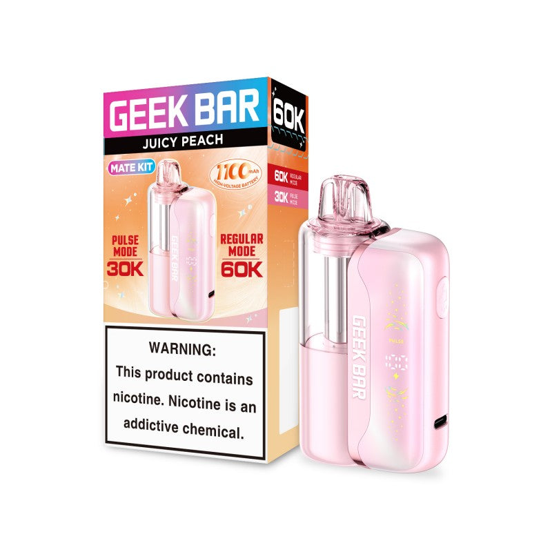 Pink Geek Bar Mate 60K disposable vape kit with clear pod and screen, next to its white and pink "Juicy Peach" box.