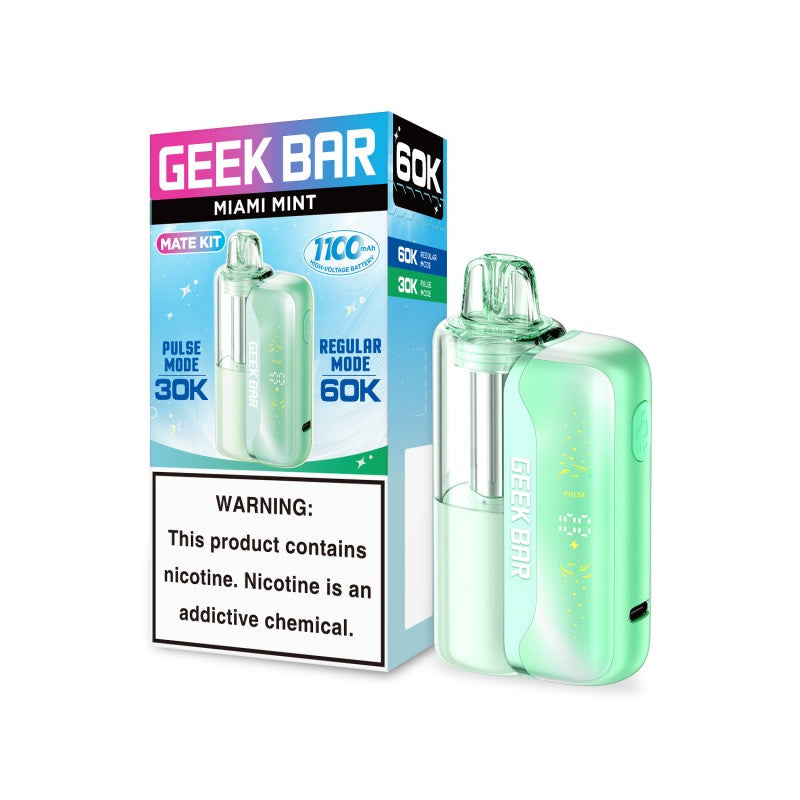 Miami Mint Geek Bar Mate 60K disposable vape kit, light green with transparent pod and screen.