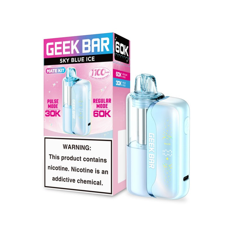 Sky blue Geek Bar Mate 60K disposable vape kit with transparent pod, next to its white and pink packaging.