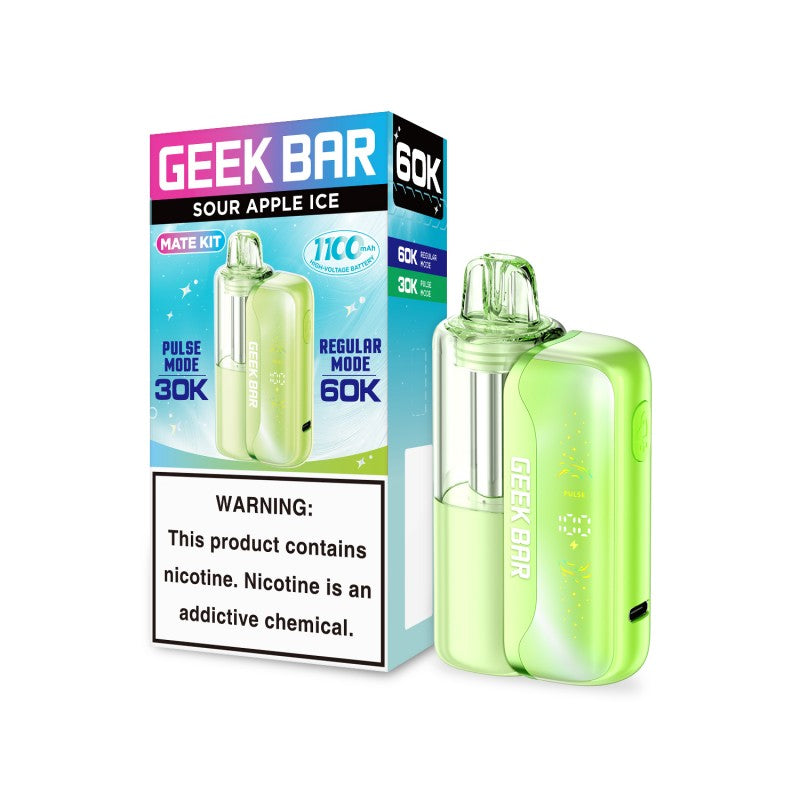 Green Geek Bar Mate 60K disposable vape kit with "Sour Apple Ice" flavor, showing packaging and device.