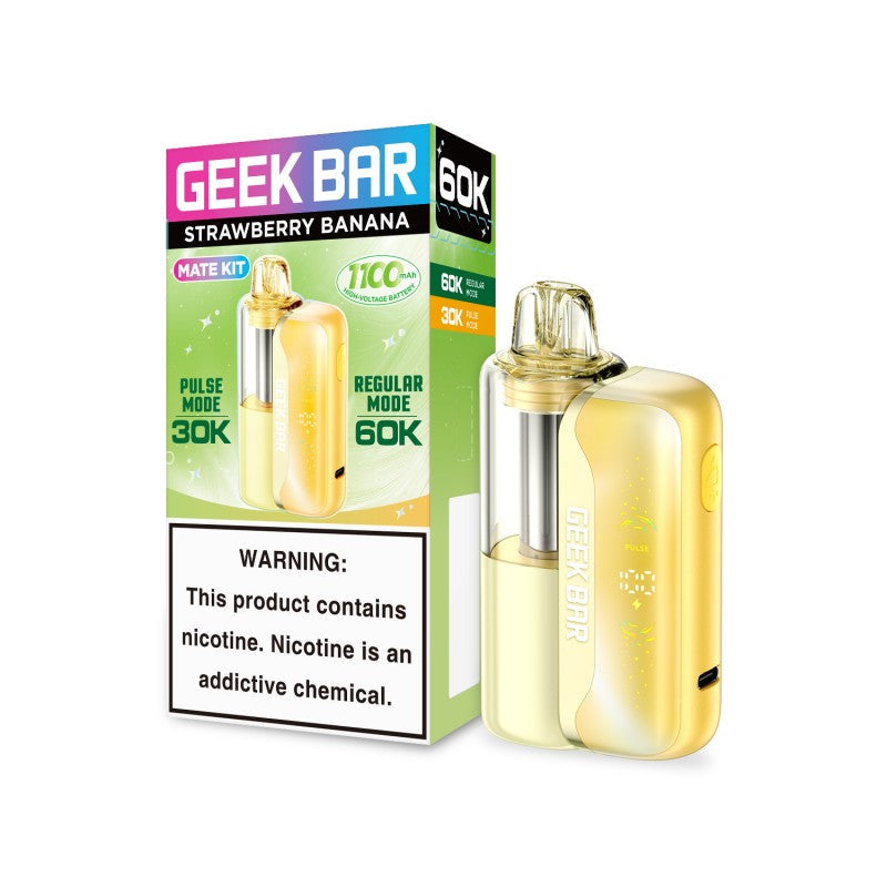Yellow Geek Bar Mate 60K disposable vape kit with Strawberry Banana flavor, showing device and packaging.