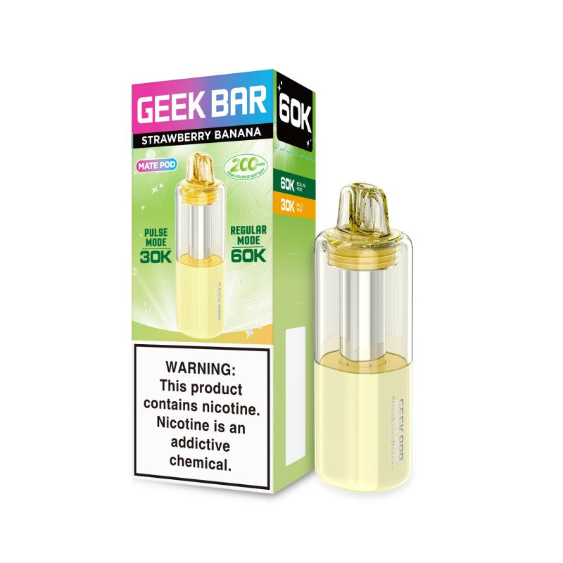 Geek Bar Mate 60K Strawberry Banana pod refill, a clear yellow vape pod next to its green and pink box.