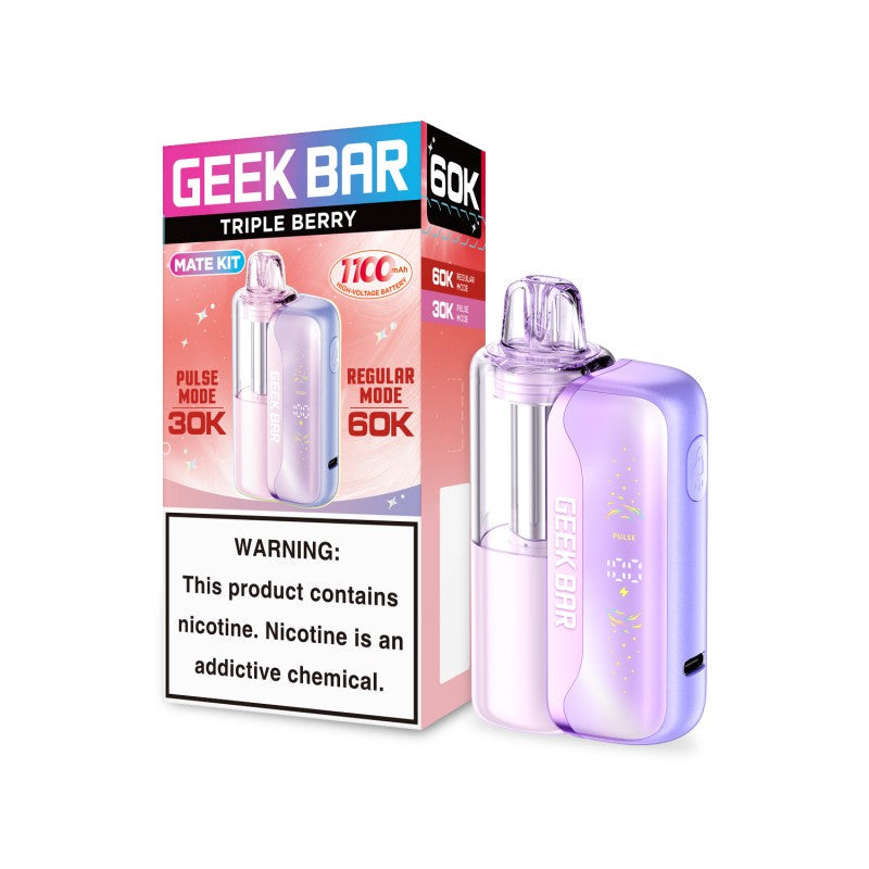 Purple Geek Bar Mate 60K disposable vape kit with a clear pod, shown next to its white and pink box.