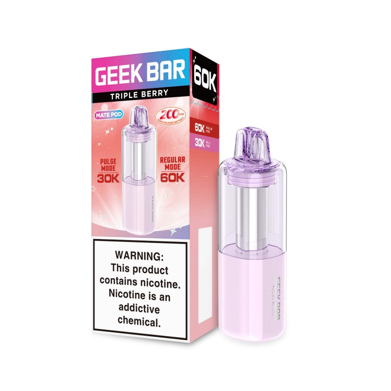 Geek Bar Mate 60K Triple Berry replacement pod, light purple with clear e-liquid window, next to its pink and white packaging.