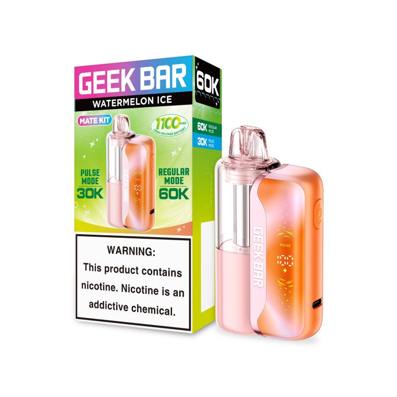Pink and orange Geek Bar Mate 60K disposable vape kit with Watermelon Ice flavor, next to its colorful packaging.