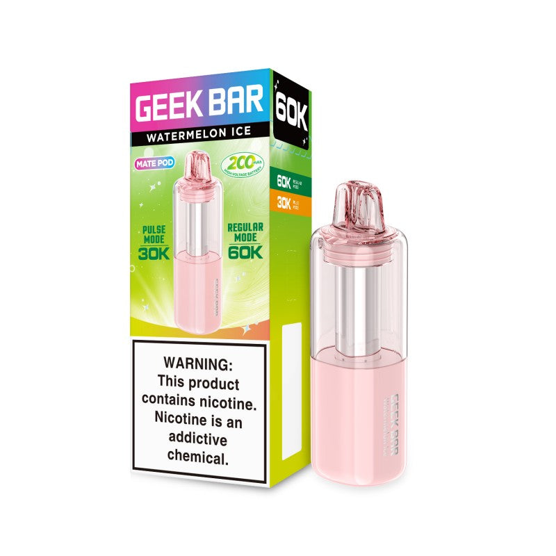 Pink Geek Bar Mate 60K Watermelon Ice pod refill with clear e-liquid window, next to its green and pink packaging.
