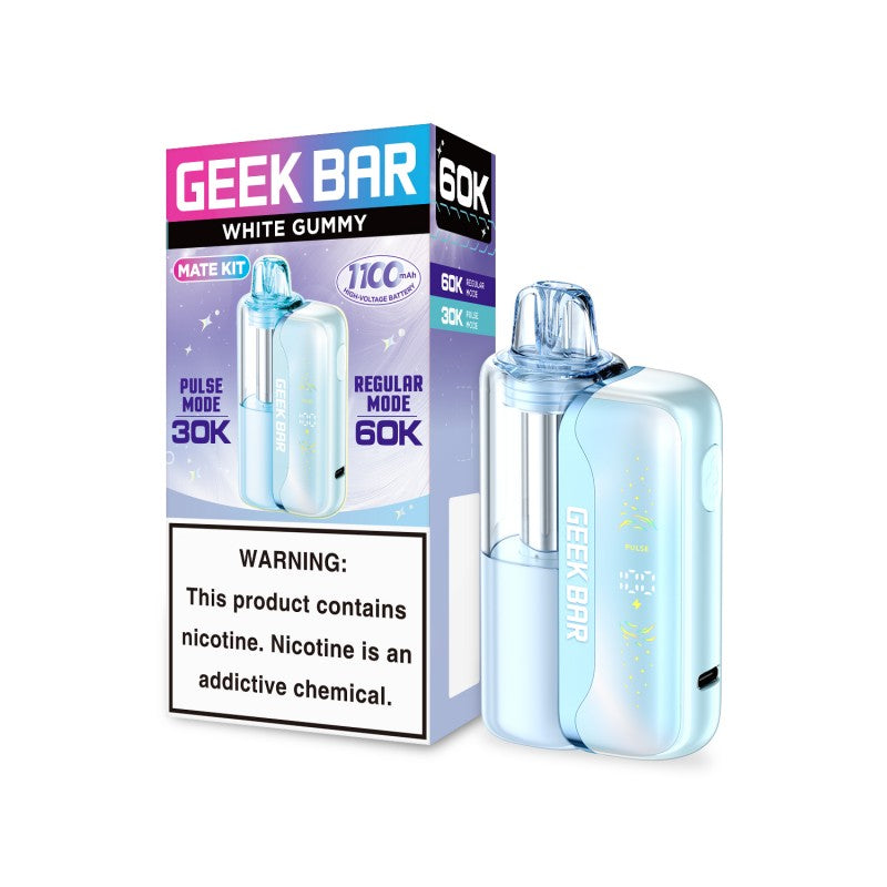 White Gummy Geek Bar Mate 60K disposable vape kit with clear pod and digital screen, next to its packaging.