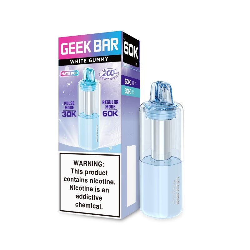 Geek Bar Mate 60K White Gummy pod refill with light blue e-liquid, clear tank, and matching mouthpiece.