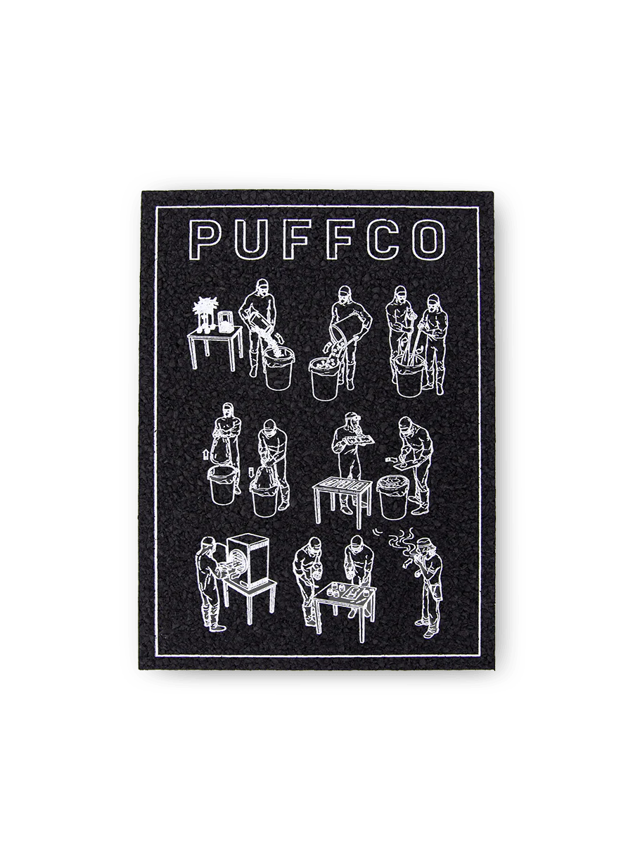 Black textured Puffco x Moodmats dab mat with white line art of concentrate processing steps.
