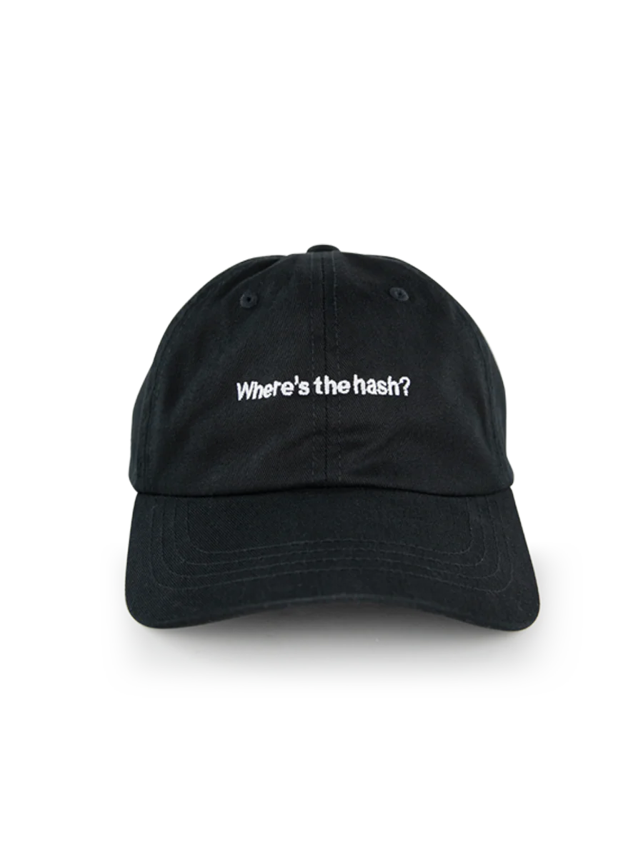 Black washed cotton Puffco "Where's the hash?" dad hat with white embroidered text.