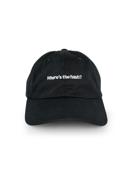 Black washed cotton Puffco "Where's the hash?" dad hat with white embroidered text.