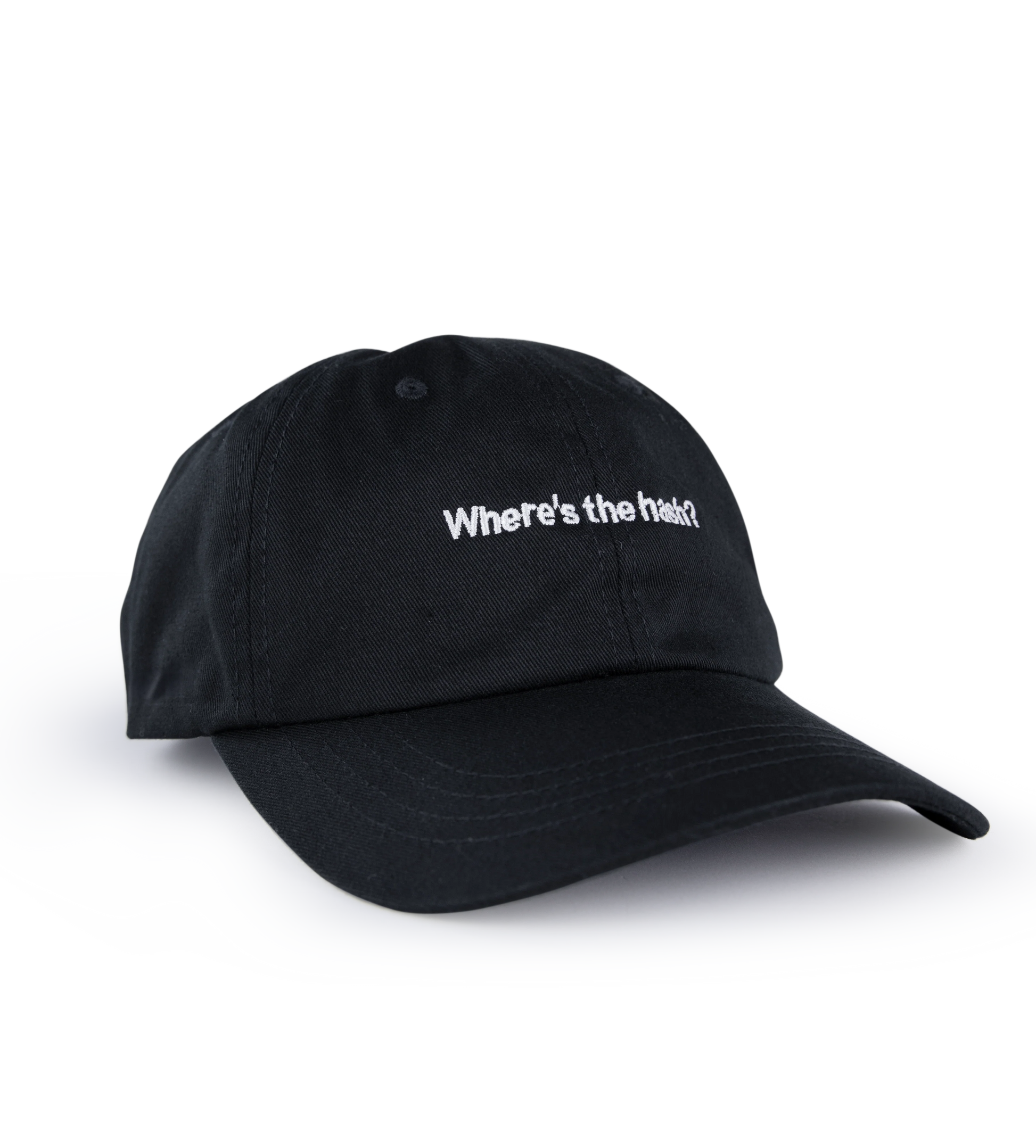 Puffco Where's The Hash V2 black washed cotton adjustable strapback cap with white embroidered text.