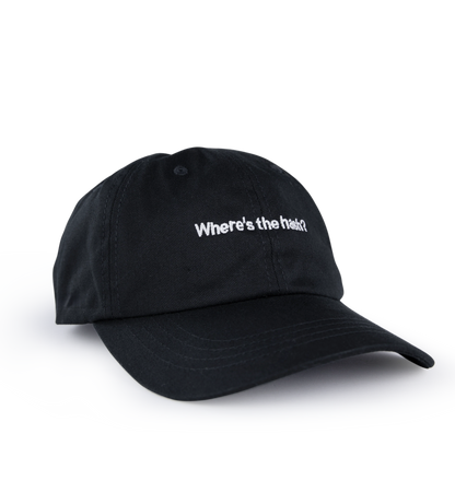 Puffco Where's The Hash V2 black washed cotton adjustable strapback cap with white embroidered text.