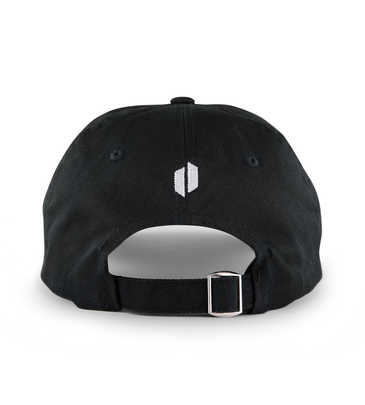 Black washed cotton Puffco "Where's The Hash" hat, rear view, with white embroidered logo and silver buckle.