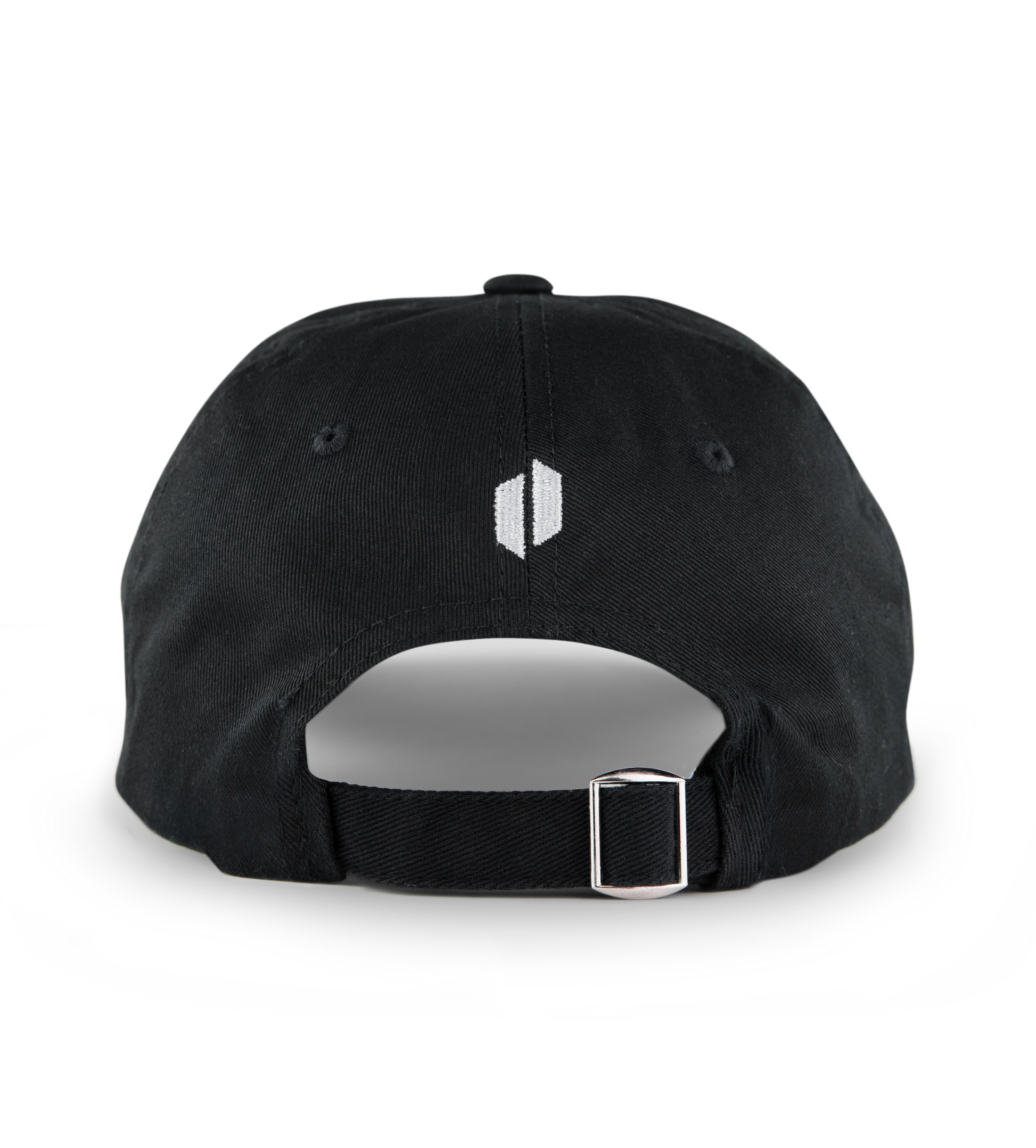 Black washed cotton Puffco "Where's The Hash" hat, rear view, with white embroidered logo and silver buckle.