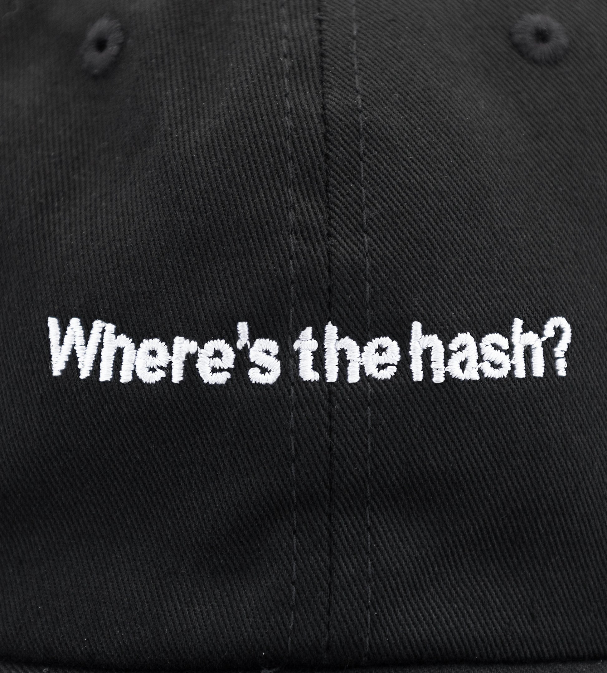 Black washed cotton Puffco "Where's the hash?" adjustable strapback cap with white embroidered text.