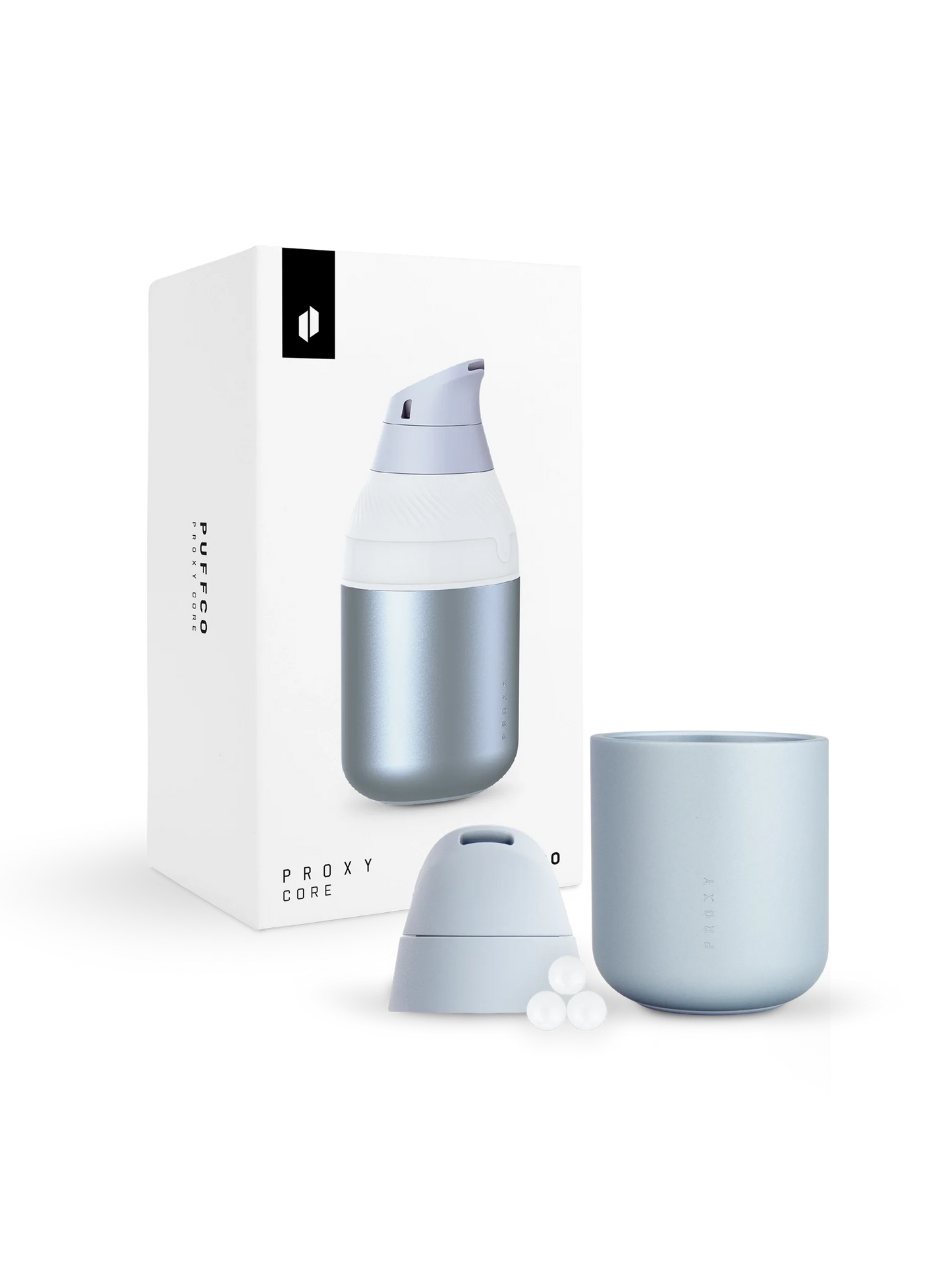 Puffco Proxy Core Accessory: white box, aluminum cup, silicone mouthpiece, and terp pearls.