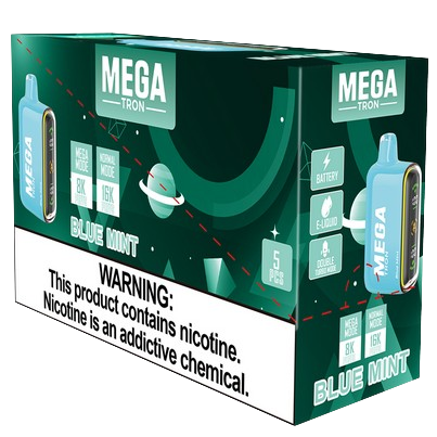 MEGA Tron 16,000 Puff Nicotine Disposable-Mega-Blue Mint-Full Box 5pk-NYC Glass