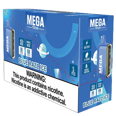 MEGA Tron 16,000 Puff Nicotine Disposable-Mega-Blue Razz Ice-Full Box 5pk-NYC Glass