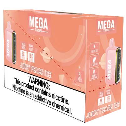 MEGA Tron 16,000 Puff Nicotine Disposable-Mega-Juicy Peach Ice-Full Box 5pk-NYC Glass