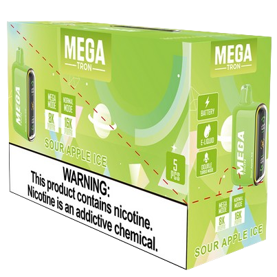 MEGA Tron 16,000 Puff Nicotine Disposable-Mega-Sour Apple Ice-Full Box 5pk-NYC Glass