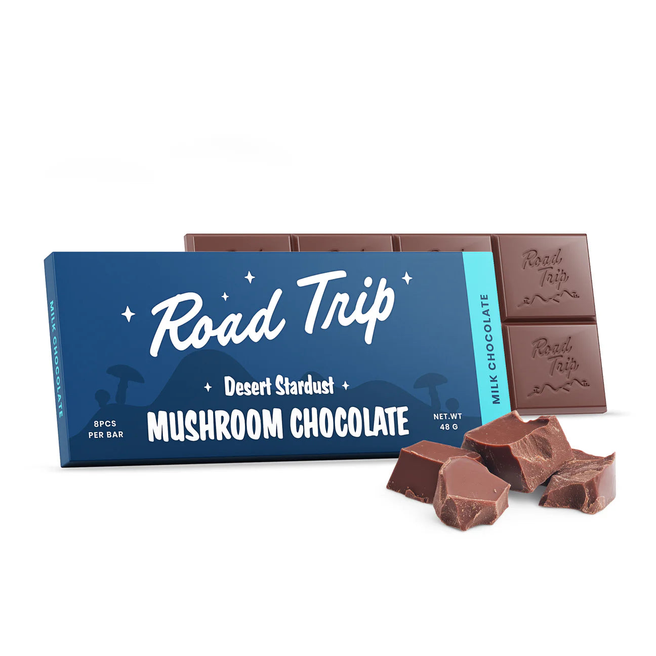 Road Trip Desert Stardust Mushroom Chocolate Bar in blue packaging with dark chocolate squares.