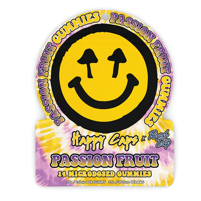 Happy Caps x Road Trip Passion Fruit microdosed gummies in a yellow and purple tie-dye pouch with a smiley face.
