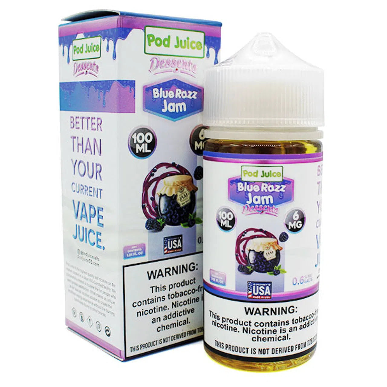 Pod Juice Synthetic Nicotine E-Juice 100ml-Pod Juice-Blue Razz Jam 6mg-NYC Glass